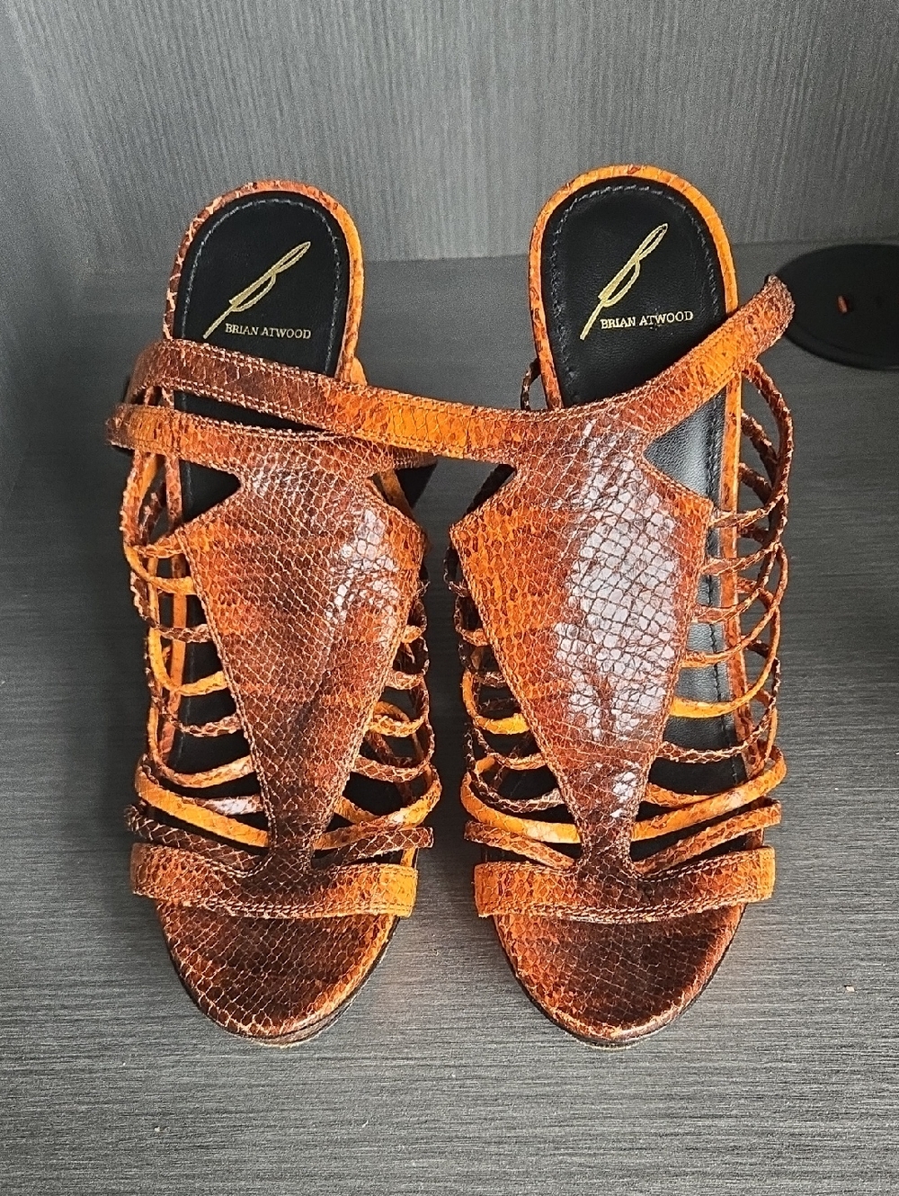 Brian Atwood Brown Orange Snakeskin Strappy Heels